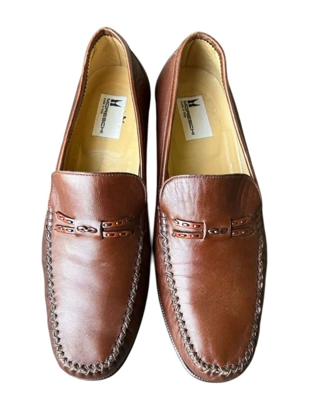 Moreschi Italian Soft Leather Loafer+Tacco Insert Brown Vintage Y2k 90s Men 9.5